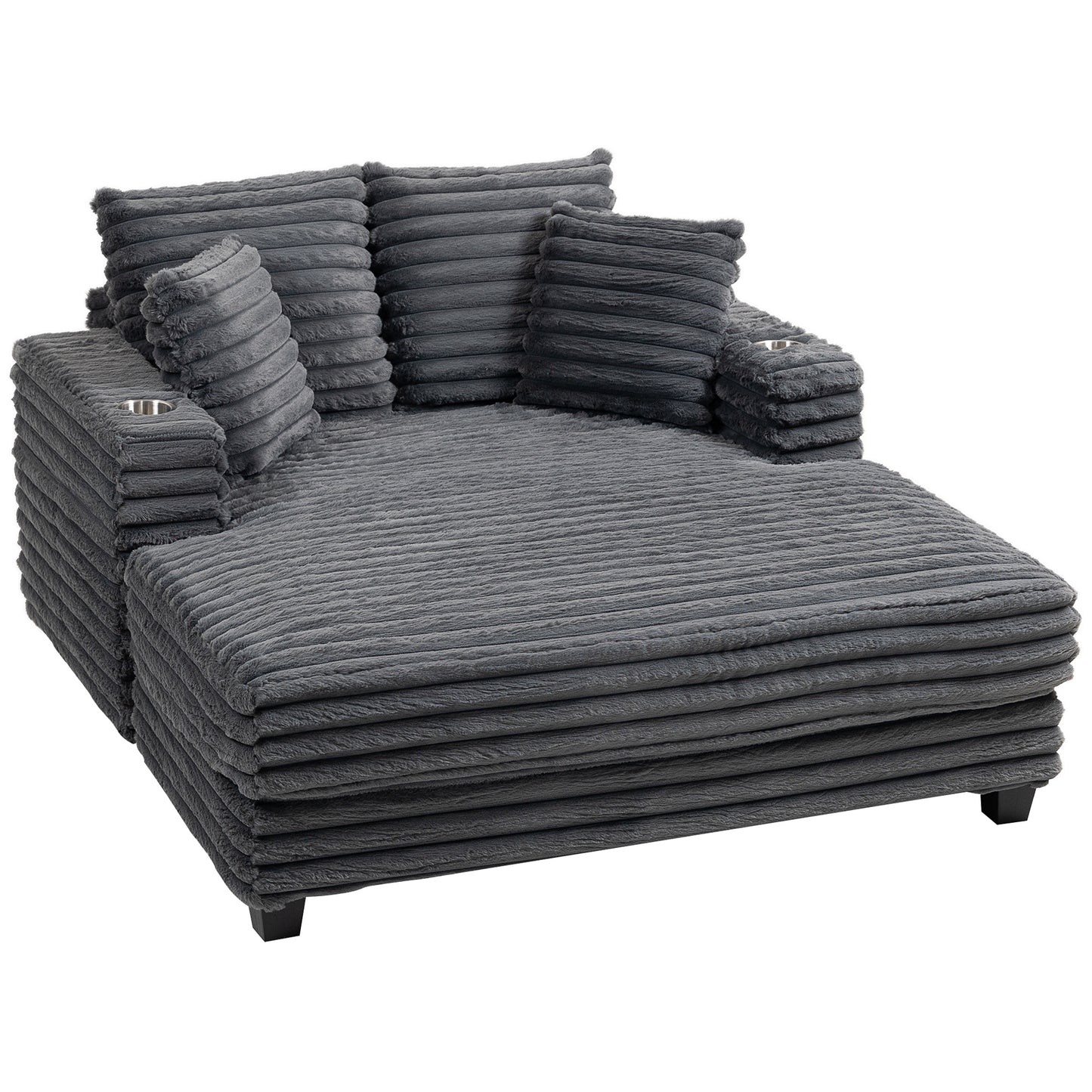 60" Chaise Lounge Chair, Oversized Upholstered Sofa Bed with Cup Holders & Pillows, Sleeper Couch for Living Room, Grey