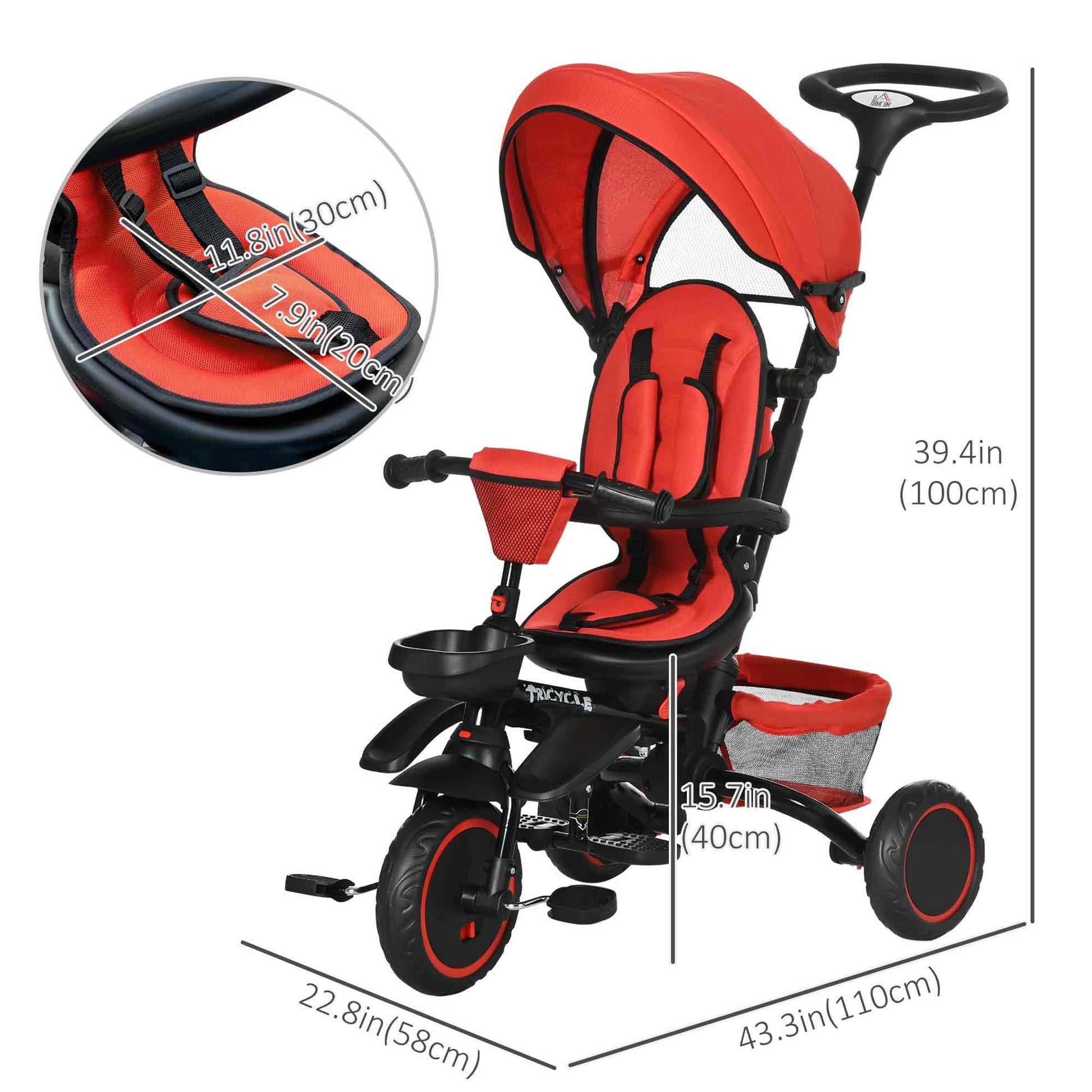 Aosom Tricycle for Toddler 6-in-1 Kids Trike, Foldable Converts Stroller to Baby Push Bike, Adjustable Backrest with Detachable Guardrail & Handle, Brake for 1-4 Years Old, Red