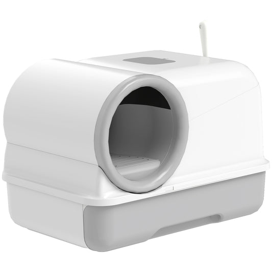 Cat Litter Box Easy Clean Drawer Odor Control Hooded Cat Litter Tray with Scoop White and Grey