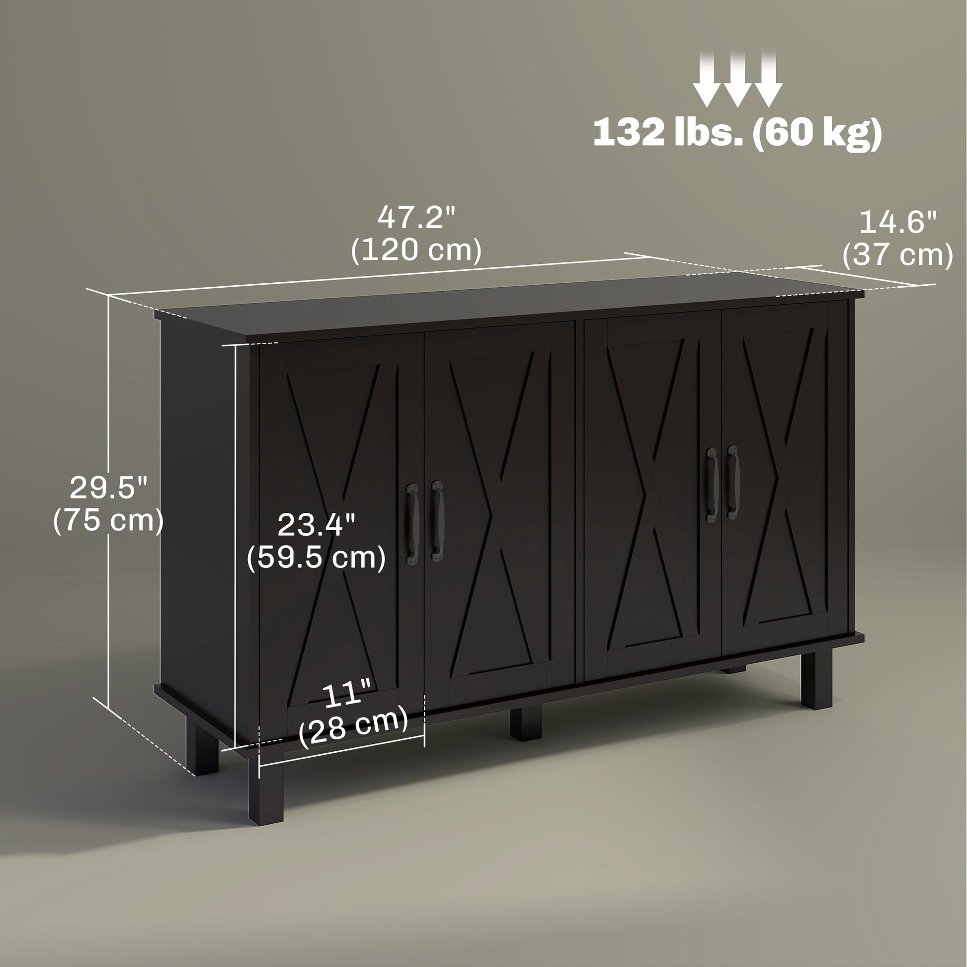 Kitchen Sideboard Cabinet with 4 Barn Doors and 2 Adjustable Shelves, Buffet Table for Living Room, Hallway, Black