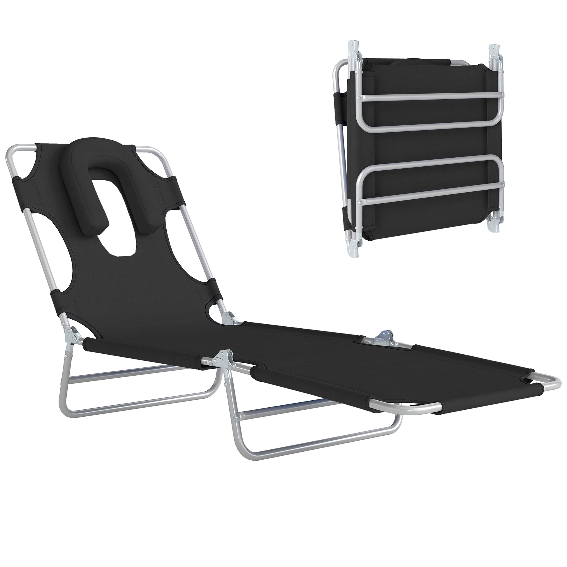 Folding Lounge Chair Outdoor, Tanning Chair with Face Hole Arm Slots, Beach Chaise Lounger with Pillow, 5-Position Adjustable Portable Sun Lounger Bed for Pool, Black