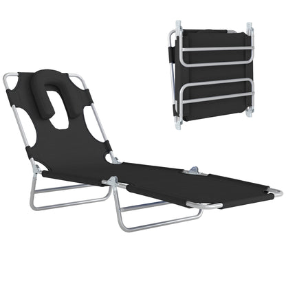 Folding Lounge Chair Outdoor, Tanning Chair with Face Hole Arm Slots, Beach Chaise Lounger with Pillow, 5-Position Adjustable Portable Sun Lounger Bed for Pool, Black
