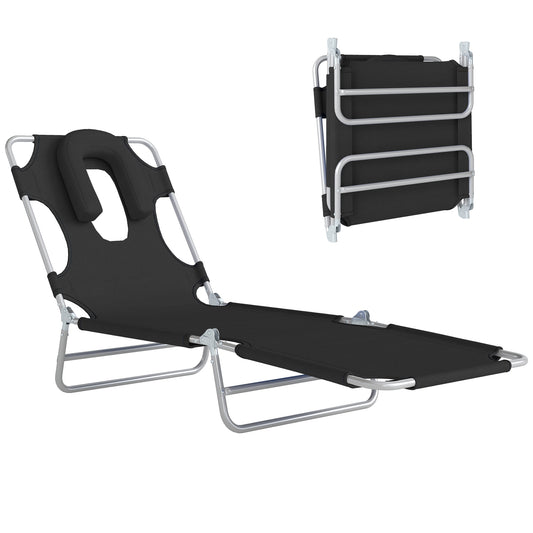Folding Lounge Chair Outdoor, Tanning Chair with Face Hole Arm Slots, Beach Chaise Lounger with Pillow, 5-Position Adjustable Portable Sun Lounger Bed for Pool, Black
