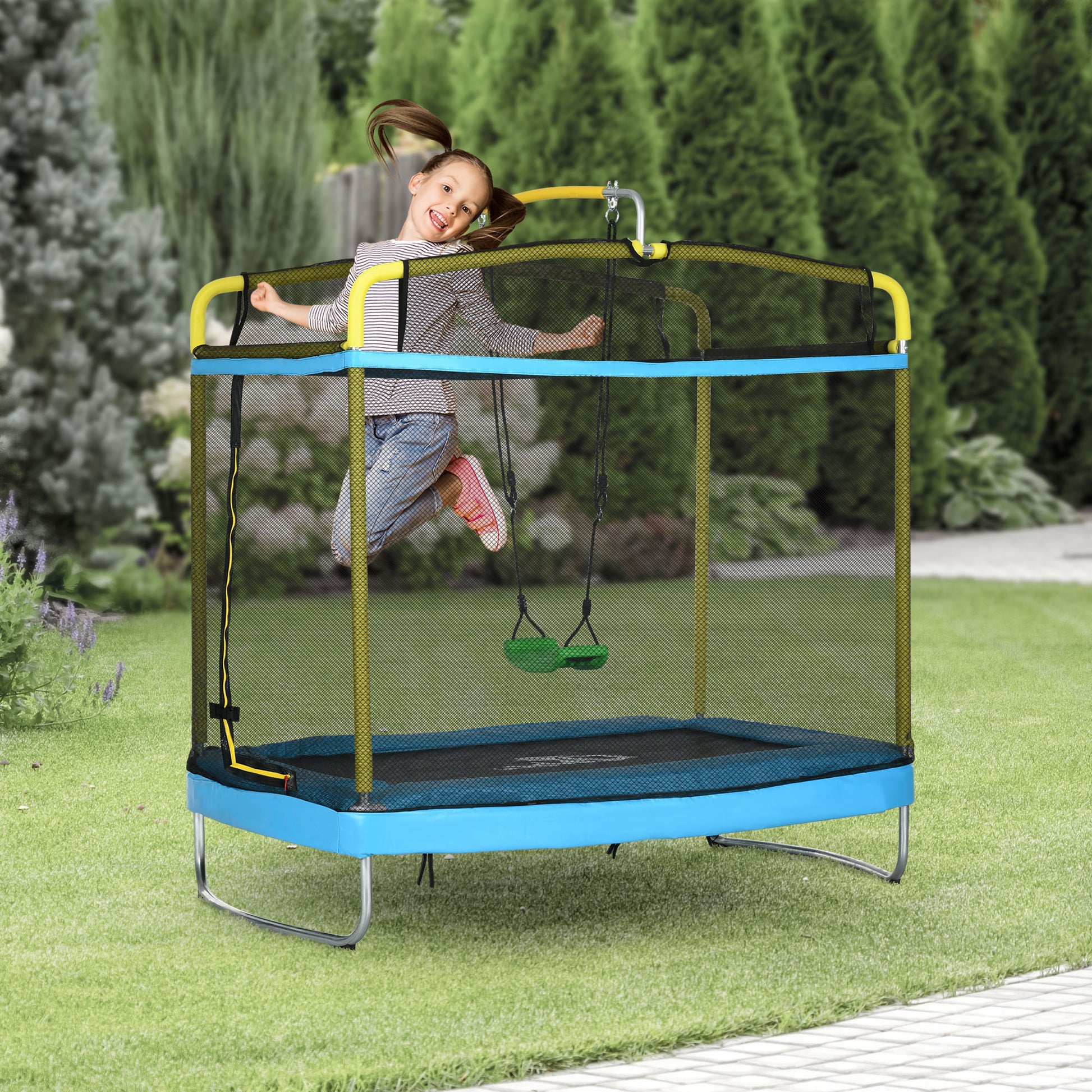 Qaba 6.9FT Kids Trampoline with Safety Net, Gymnastics Bar, Swing, Toddler Trampoline for 3-6 Years Old Indoor/Outdoor