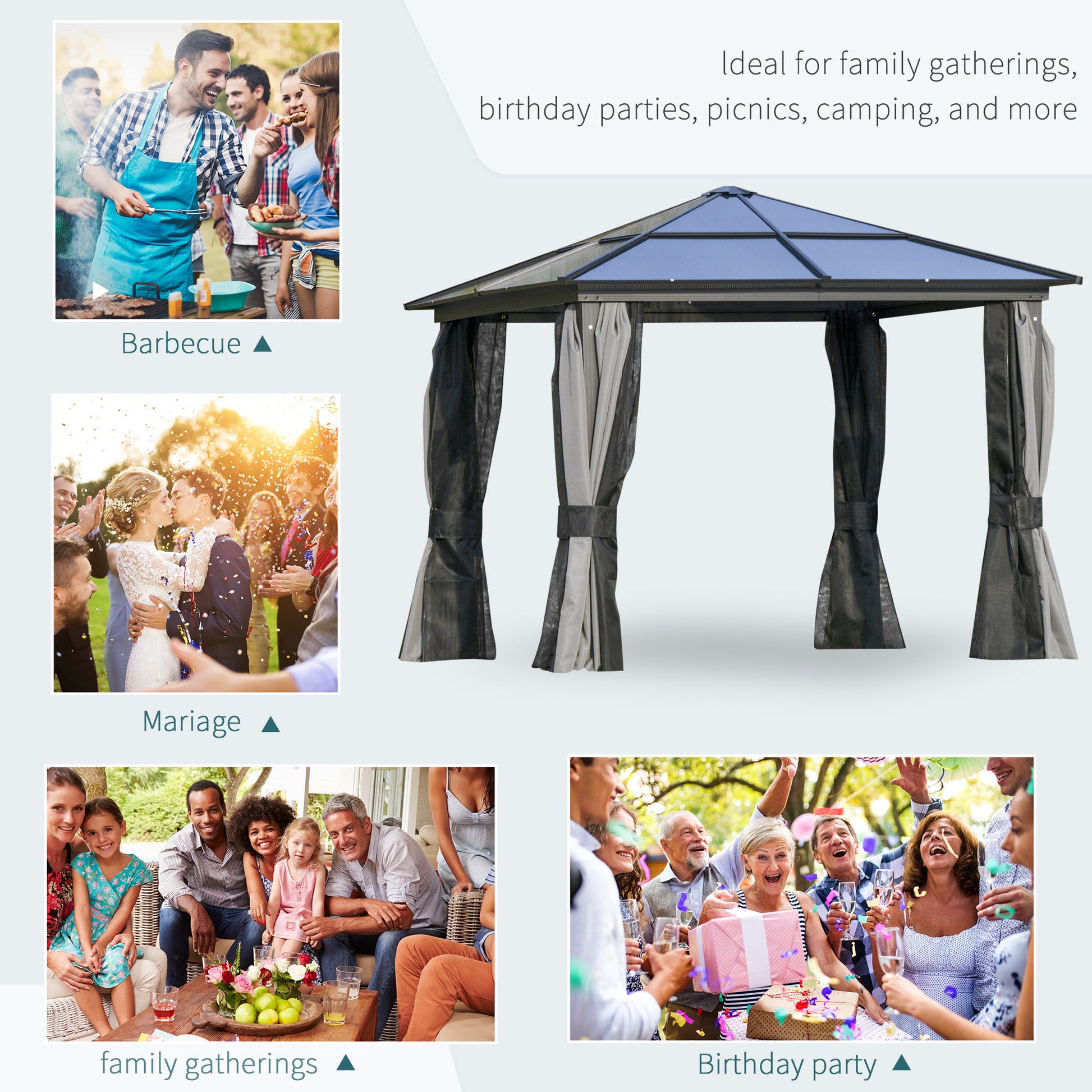 10x10ft Hardtop Gazebo with Aluminum Frame, Polycarbonate Gazebo Canopy with Curtains and Netting