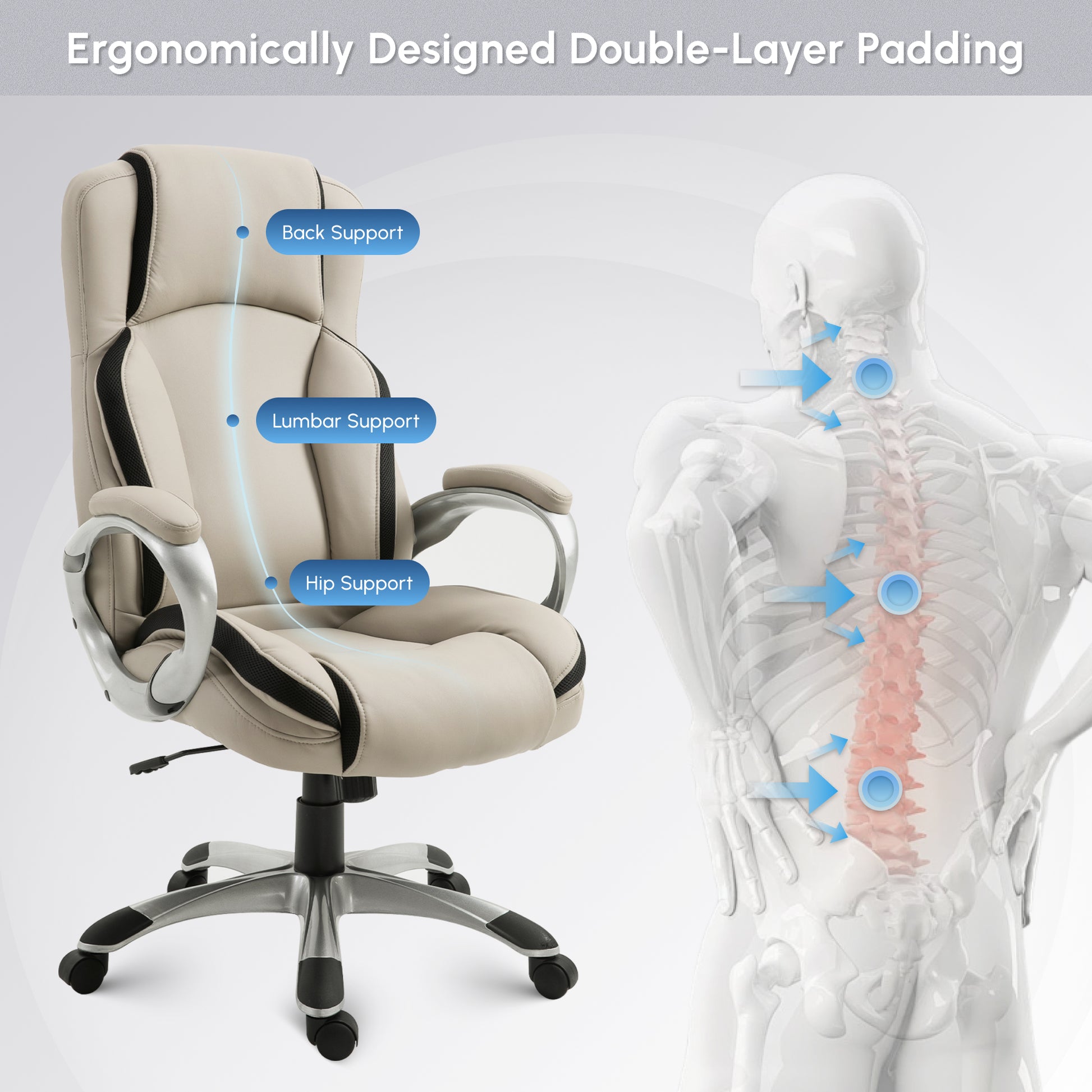 Ergonomic Office Chair PU Leather Executive on Rolling Wheels Task Computer Height Adjustable Swivel Ergonomic, Greige and Black
