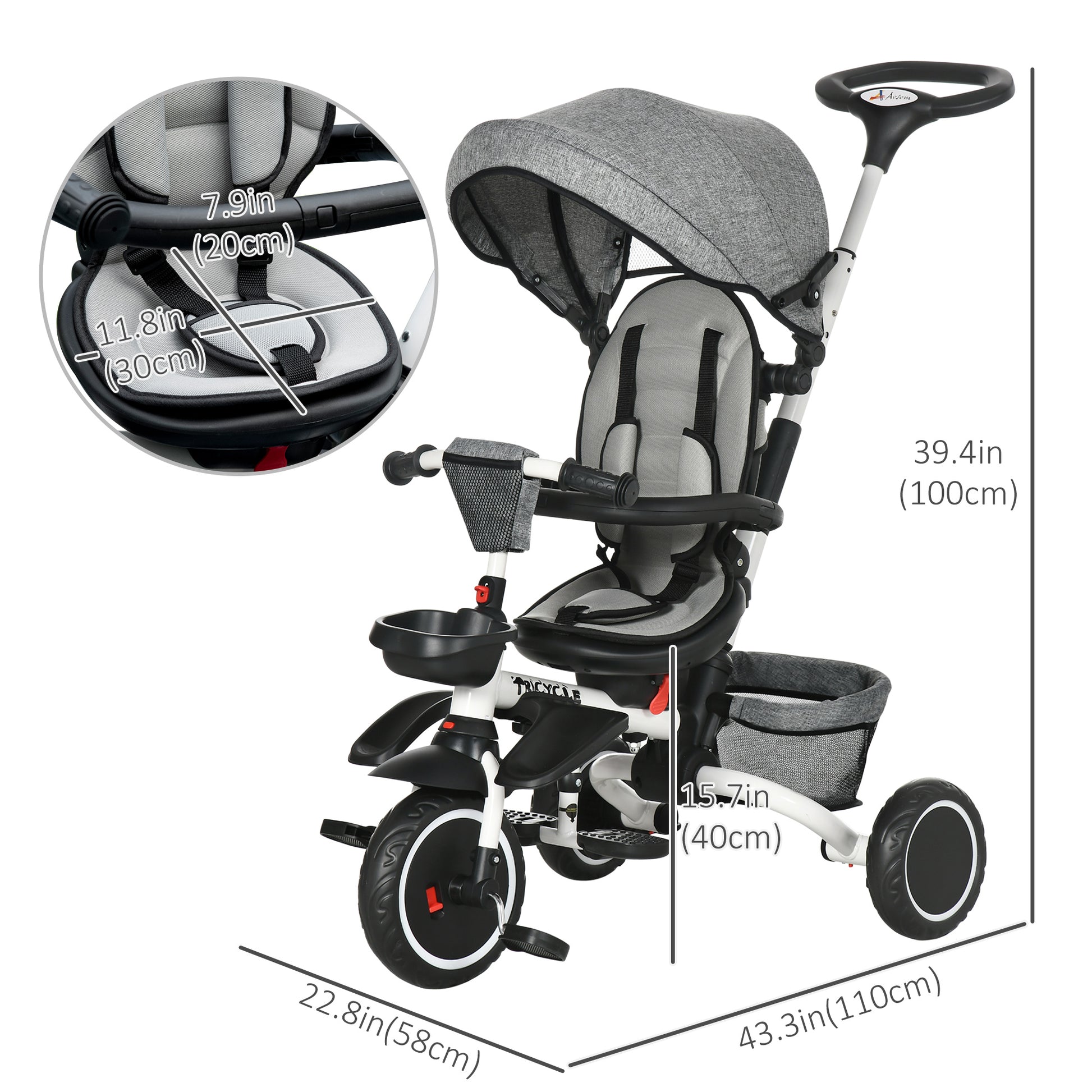Aosom Tricycle for Toddler 6-in-1 Kids Trike, Foldable Converts Stroller to Baby Push Bike, Adjustable Backrest with Detachable Guardrail & Handle, Brake for 1-4 Years Old, Grey
