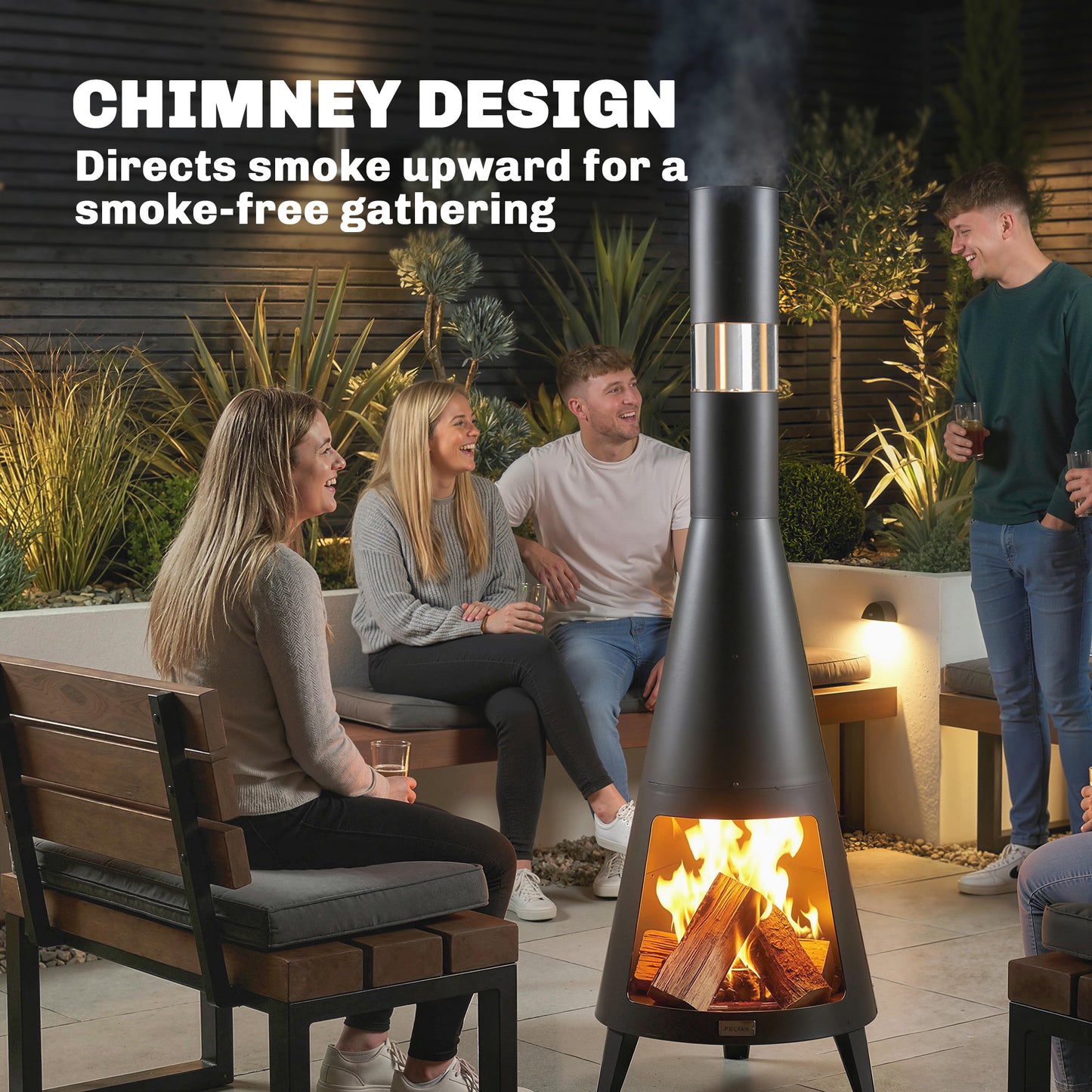 Wood Burning Firepit with Chimney, Outdoor Fire Pit with Poker, Mesh Screen, Black