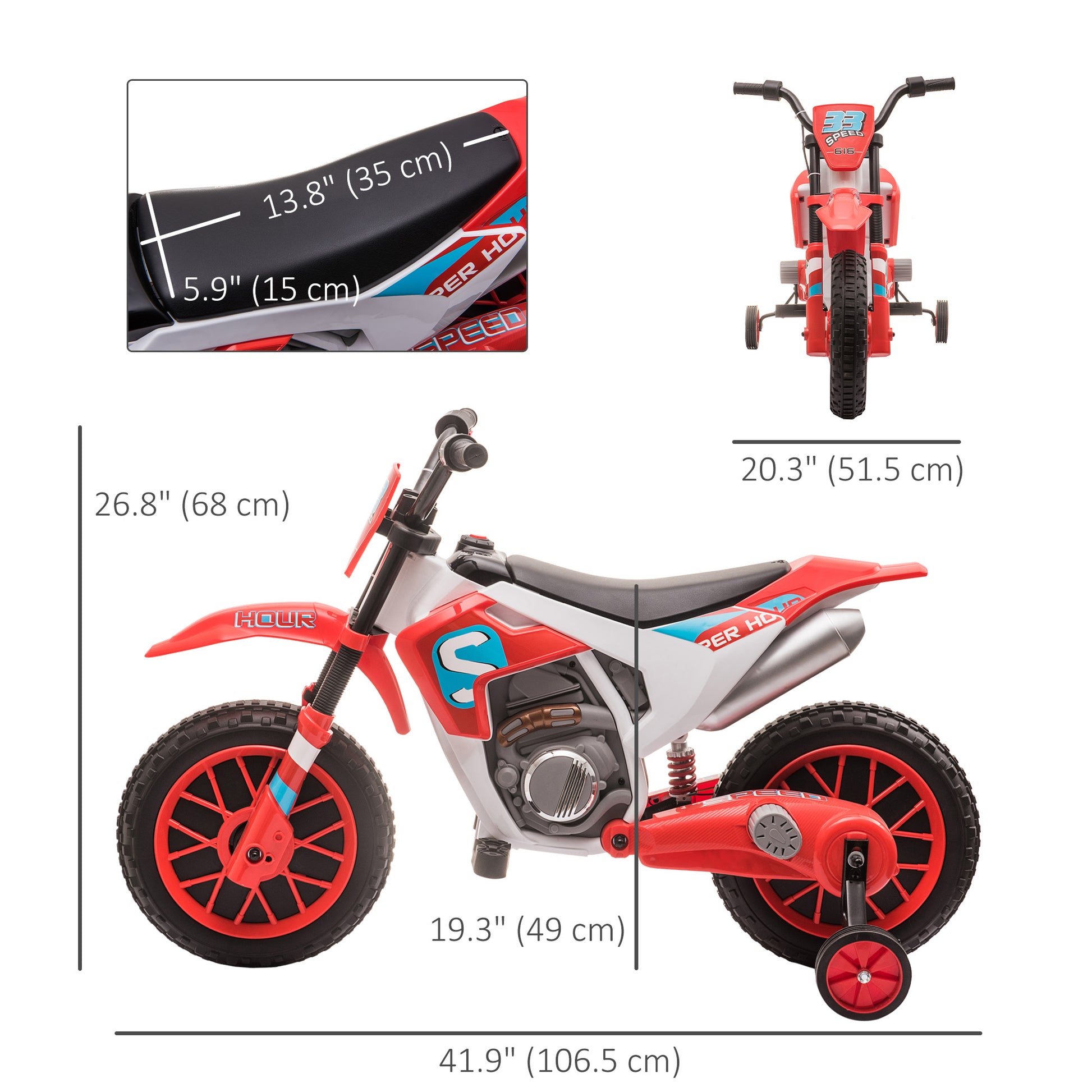Aosom Kids Dirt Bike 12V Battery-Powered Ride-On Electric Motorcycle with Charging Battery, Training Wheels Red