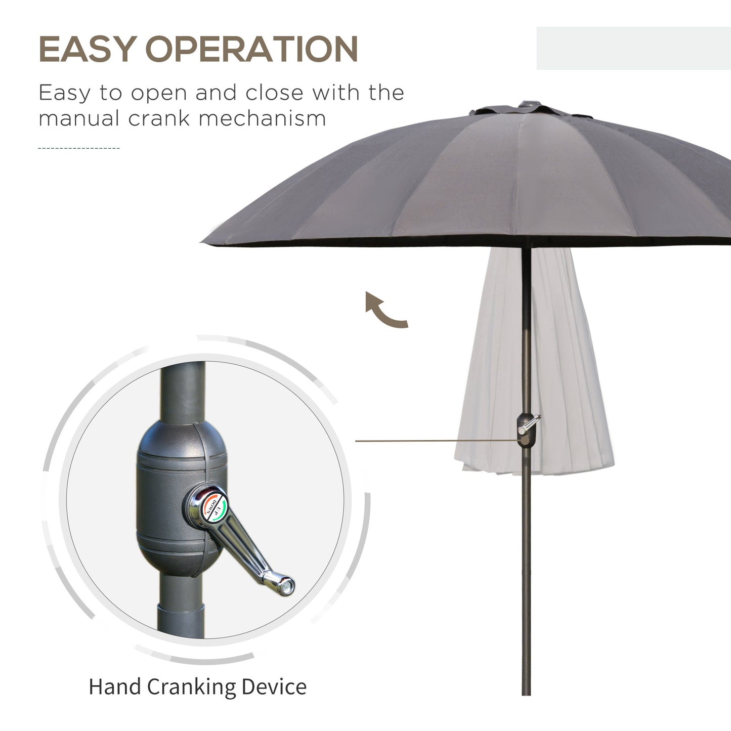 8ft Shanghai Garden Parasol Umbrella with Crank & Tilt, Adjustable Outdoor Sun Shade, Dark Grey