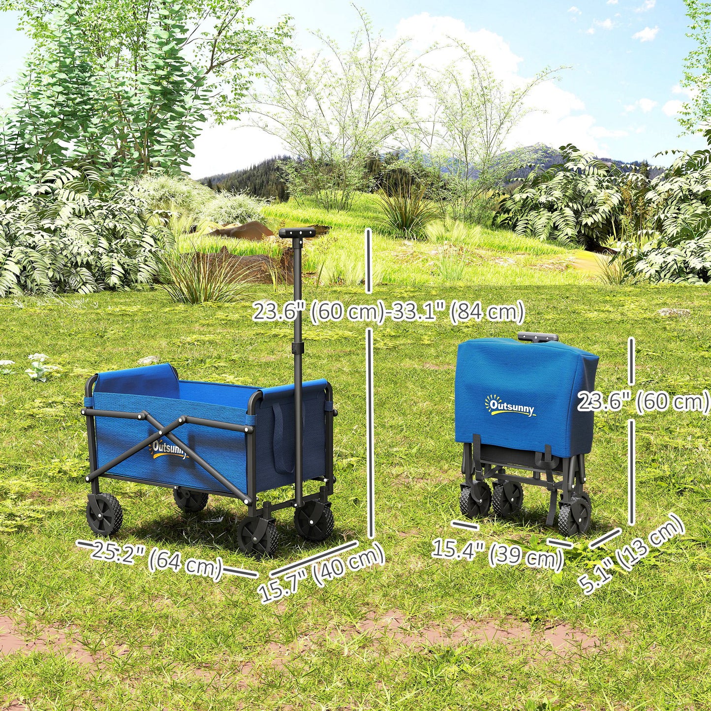 Small Collapsible Folding Garden Cart, Heavy Duty Lawn Wagon with Universal Wheels and Adjustable Handle, Blue