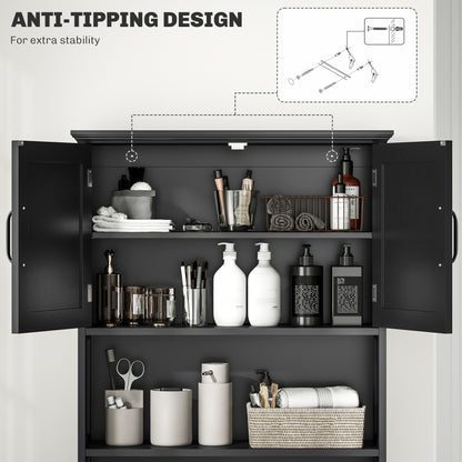 Modern Over The Toilet Storage, Bathroom Cabinets Over Toilet with Open Shelves and Double Door Cabinet, Black