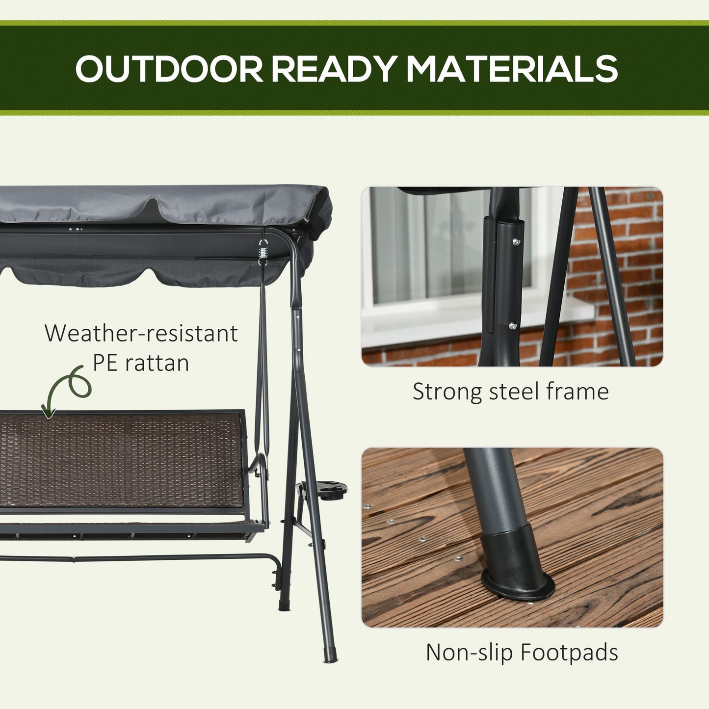 3-Seat Patio Swing Chair, Outdoor Canopy Swing Glider with Adjustable Shade, Rattan Seat and Steel Frame, for Porch, Garden, Poolside, Dark Grey