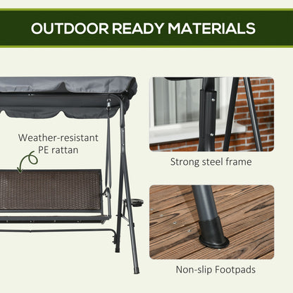 3-Seat Patio Swing Chair, Outdoor Canopy Swing Glider with Adjustable Shade, Rattan Seat and Steel Frame, for Porch, Garden, Poolside, Dark Grey