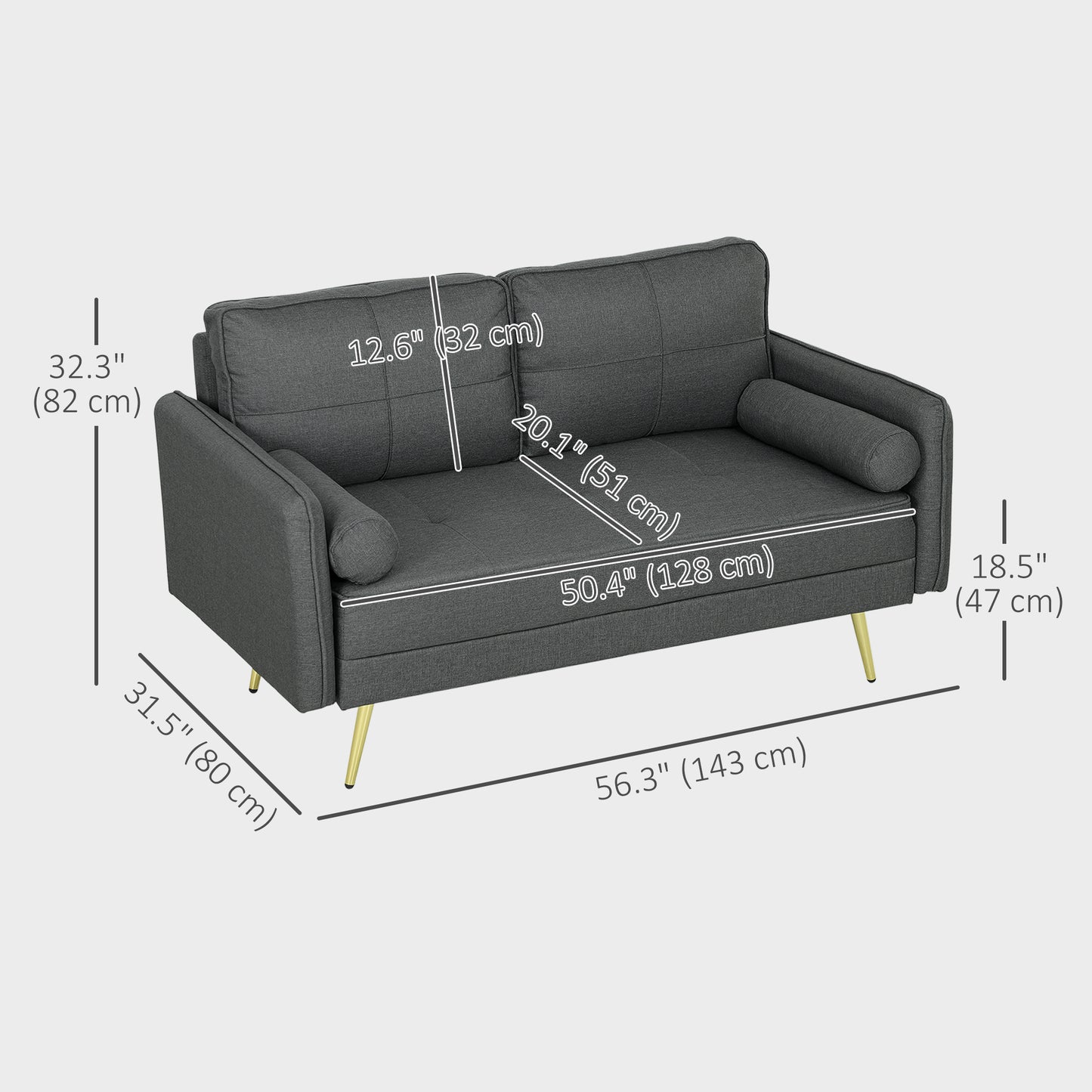 56" Loveseat Sofa for Bedroom Upholstered 2 Seater Couch with Back Cushions and Pillows, Dark Grey