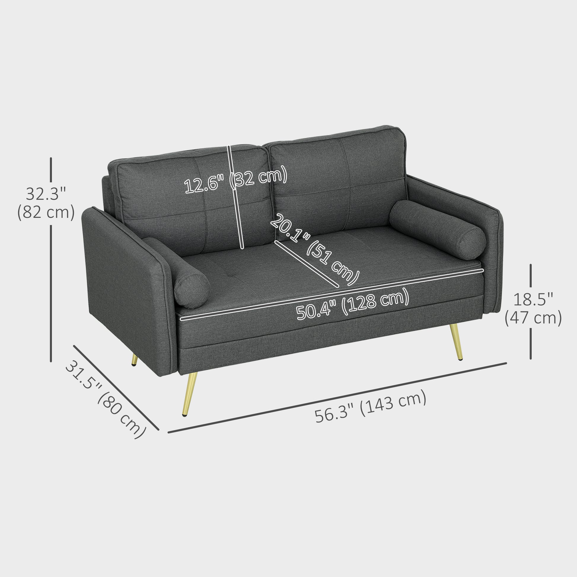 56" Loveseat Sofa for Bedroom Upholstered 2 Seater Couch with Back Cushions and Pillows, Dark Grey