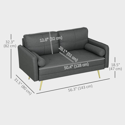 56" Loveseat Sofa for Bedroom Upholstered 2 Seater Couch with Back Cushions and Pillows, Dark Grey