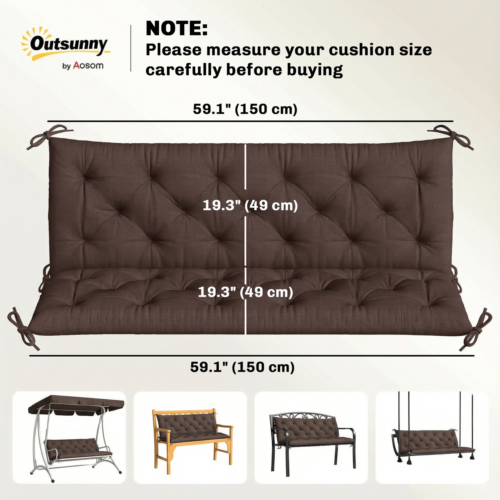 3-Seater Outdoor Bench Swing Chair Replacement Cushions for Patio Garden, Coffee