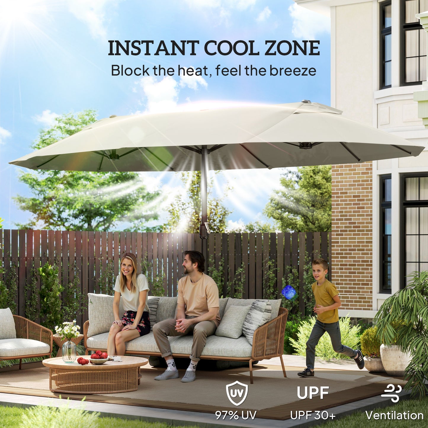 15' Outdoor Patio Umbrella with Twin Canopy Sunshade Steel Table Umbrella w/ Lift Crank, Cross base, Sandbag, Cream