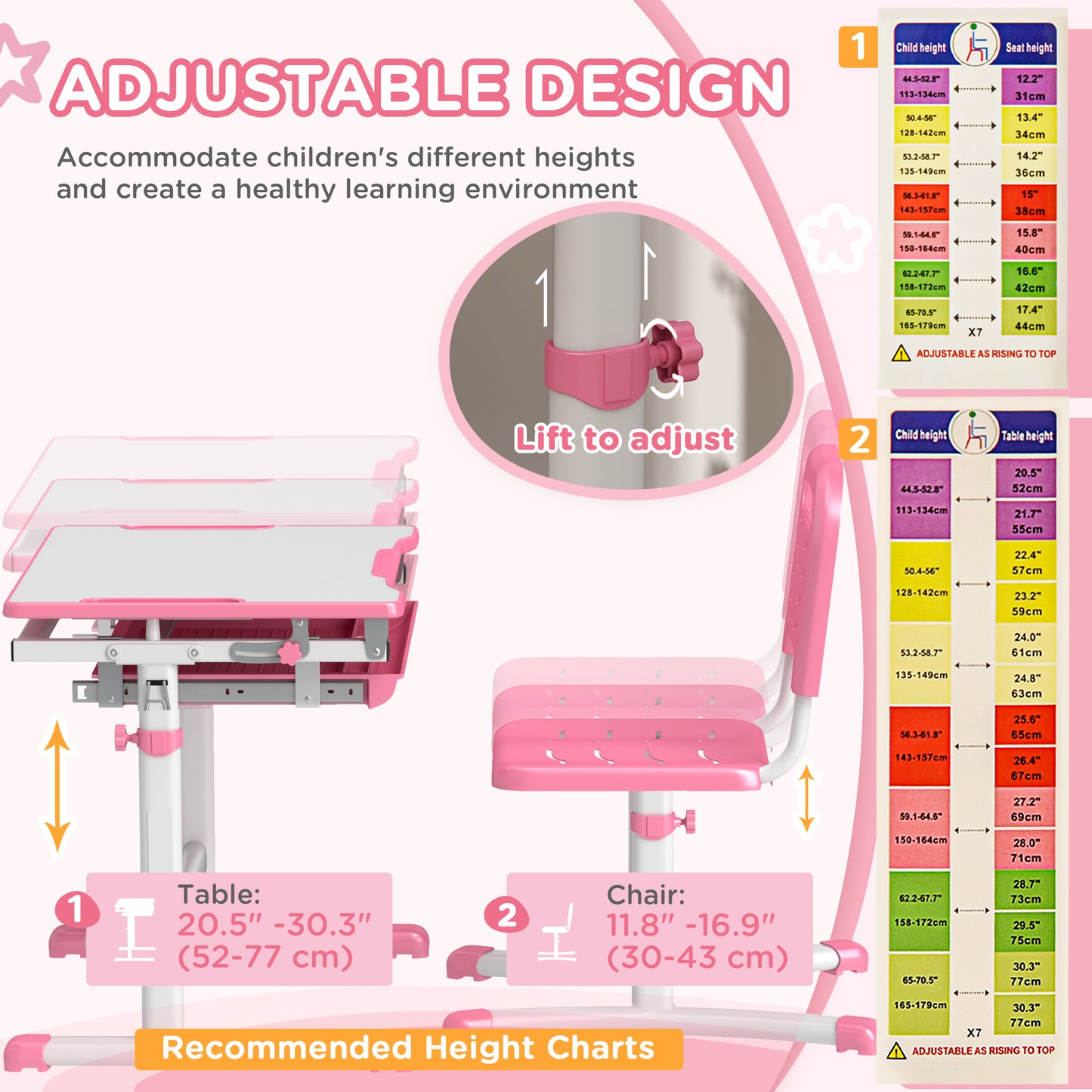Qaba Height Adjustable Study Table and Chair Set with Drawer, Pen Slot, Tiltable Desktop, Hook, Pink