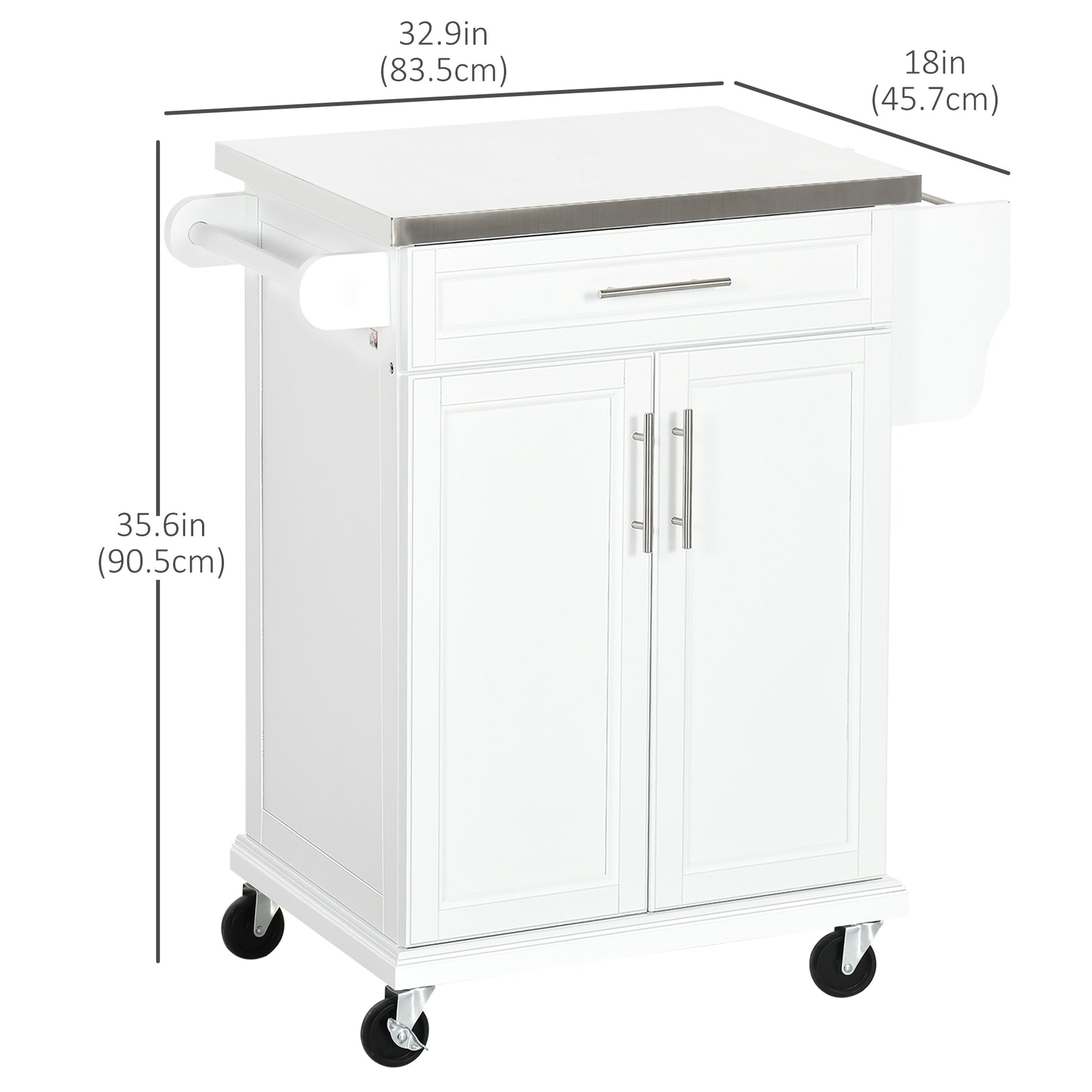 Kitchen Island with Stainless Steel Top, Rolling Kitchen Cart on Wheels with Storage Drawer, Cabinet, Towel Rack and Spice Rack (White)