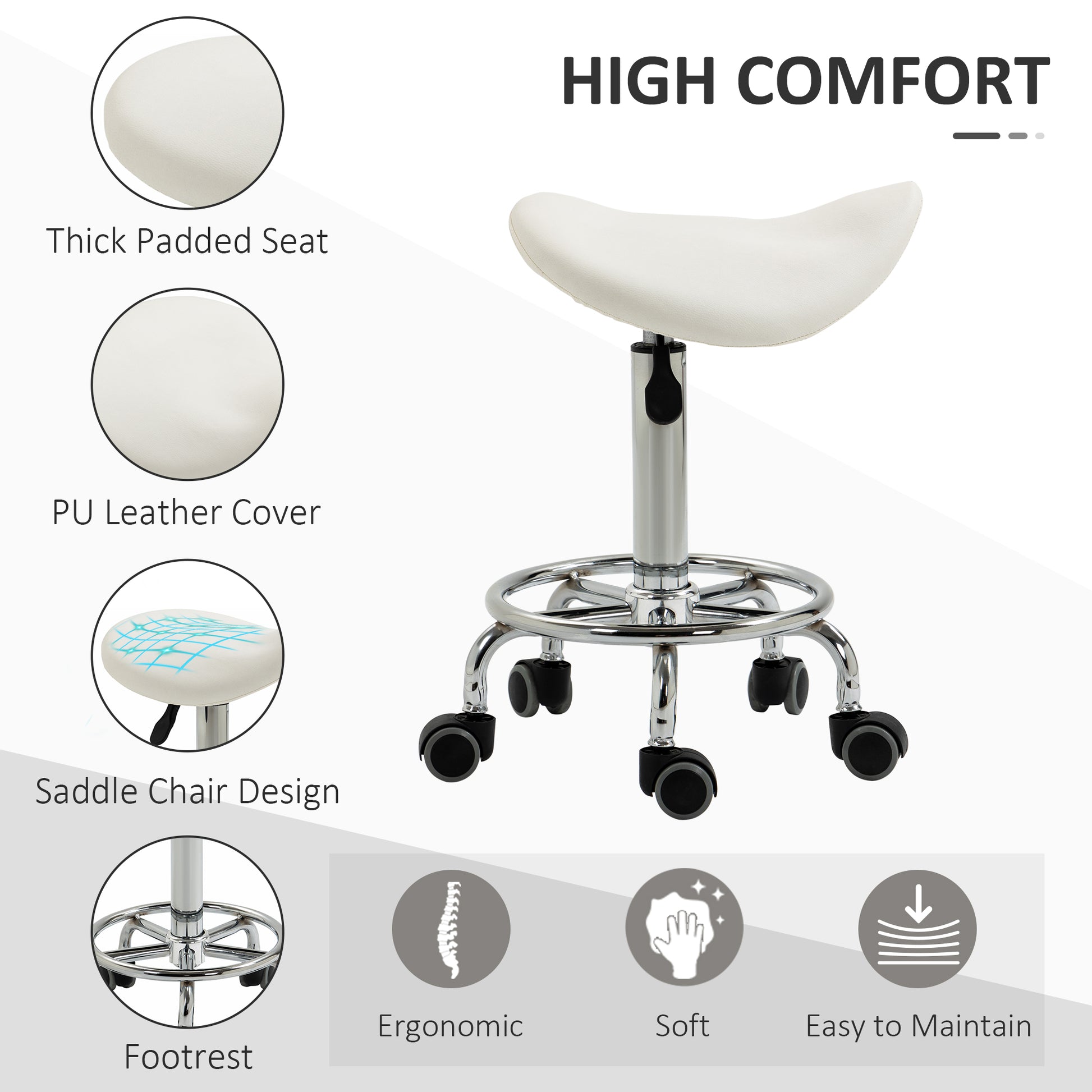 Saddle Stool, PU Leather Adjustable Rolling Salon Chair for Massage, Spa, Clinic, Beauty and Tattoo, White