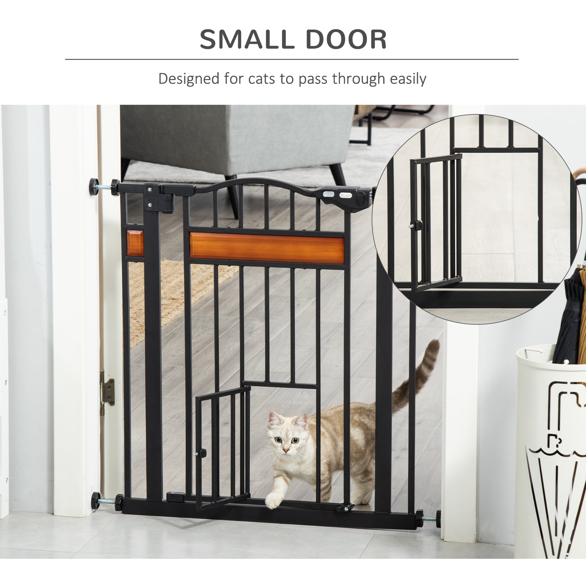 29.1''-31.5'' Extra Wide Dog Gate with Cat Door with Stair Pressure Fit, Auto Close, Double Locking, for Doorways, Hallways, Stairs, Black