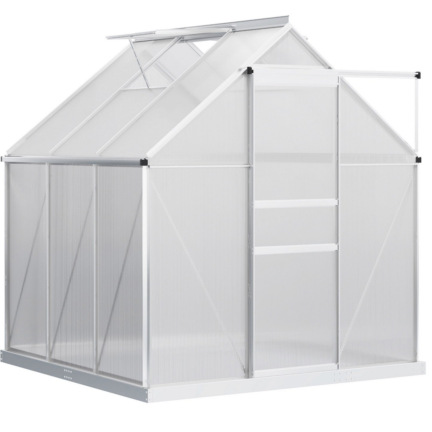 6' x 6' x 6.5' Polycarbonate Greenhouse, Walk-in Green House with Adjustable Roof Vent, Galvanized Base, Sliding Door and Rain Gutter for Outdoor, Garden, Backyard, Clear