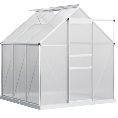 6' x 6' x 6.5' Polycarbonate Greenhouse, Walk-in Green House with Adjustable Roof Vent, Galvanized Base, Sliding Door and Rain Gutter for Outdoor, Garden, Backyard, Clear