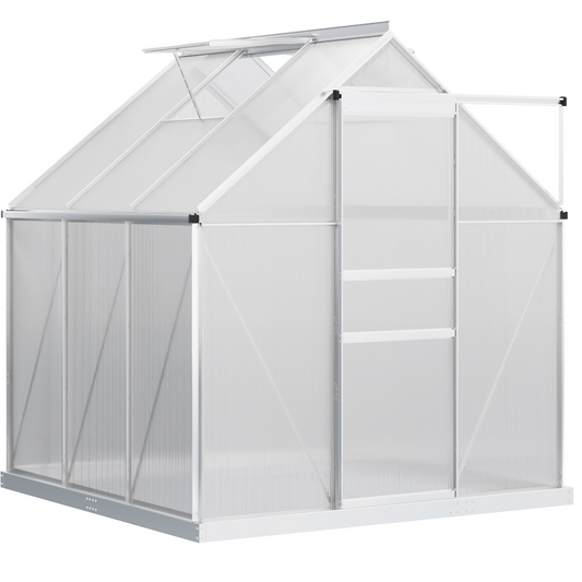 6' x 6' x 6.5' Polycarbonate Greenhouse, Walk-in Green House with Adjustable Roof Vent, Galvanized Base, Sliding Door and Rain Gutter for Outdoor, Garden, Backyard, Clear