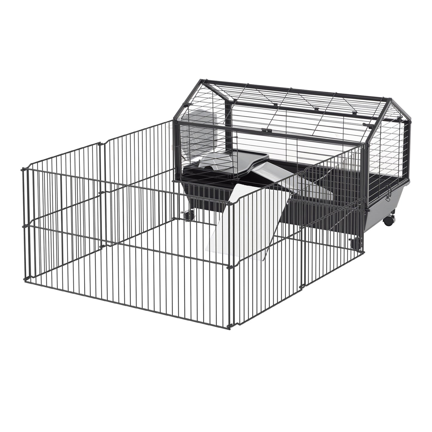 Guinea Pig Cage with Foldable Detachable Playpen, Rolling Rabbit Chinchilla Hedgehog Bunny Cage Small Animal Habitat with Water Bottle, Hay Feeder, 34.5" x 50.5" x 22"