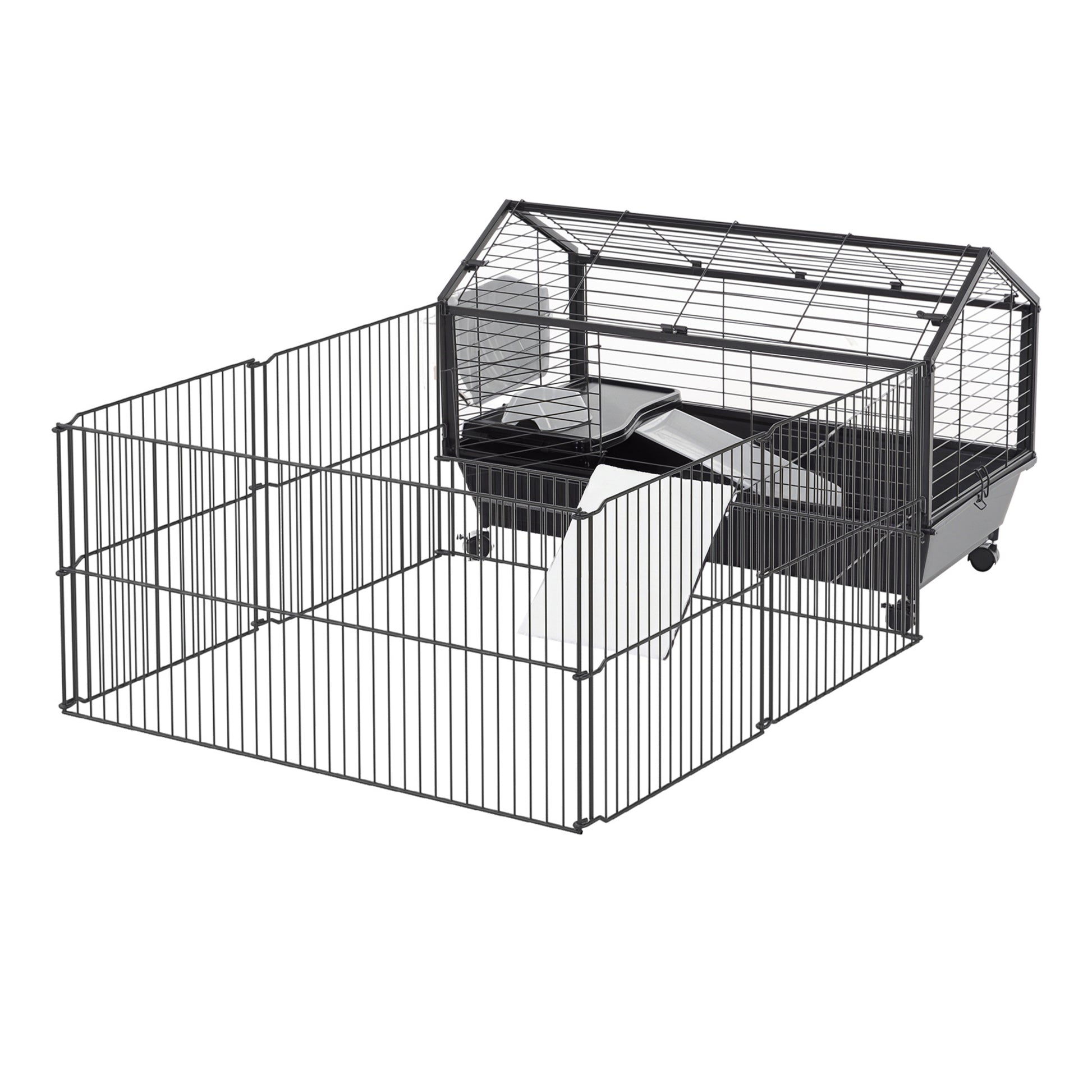 Guinea Pig Cage with Foldable Detachable Playpen, Rolling Rabbit Chinchilla Hedgehog Bunny Cage Small Animal Habitat with Water Bottle, Hay Feeder, 34.5" x 50.5" x 22"