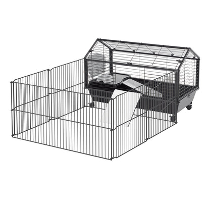 Guinea Pig Cage with Foldable Detachable Playpen, Rolling Rabbit Chinchilla Hedgehog Bunny Cage Small Animal Habitat with Water Bottle, Hay Feeder, 34.5" x 50.5" x 22"