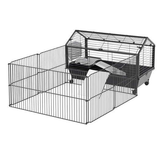 Guinea Pig Cage with Foldable Detachable Playpen, Rolling Rabbit Chinchilla Hedgehog Bunny Cage Small Animal Habitat with Water Bottle, Hay Feeder, 34.5" x 50.5" x 22"