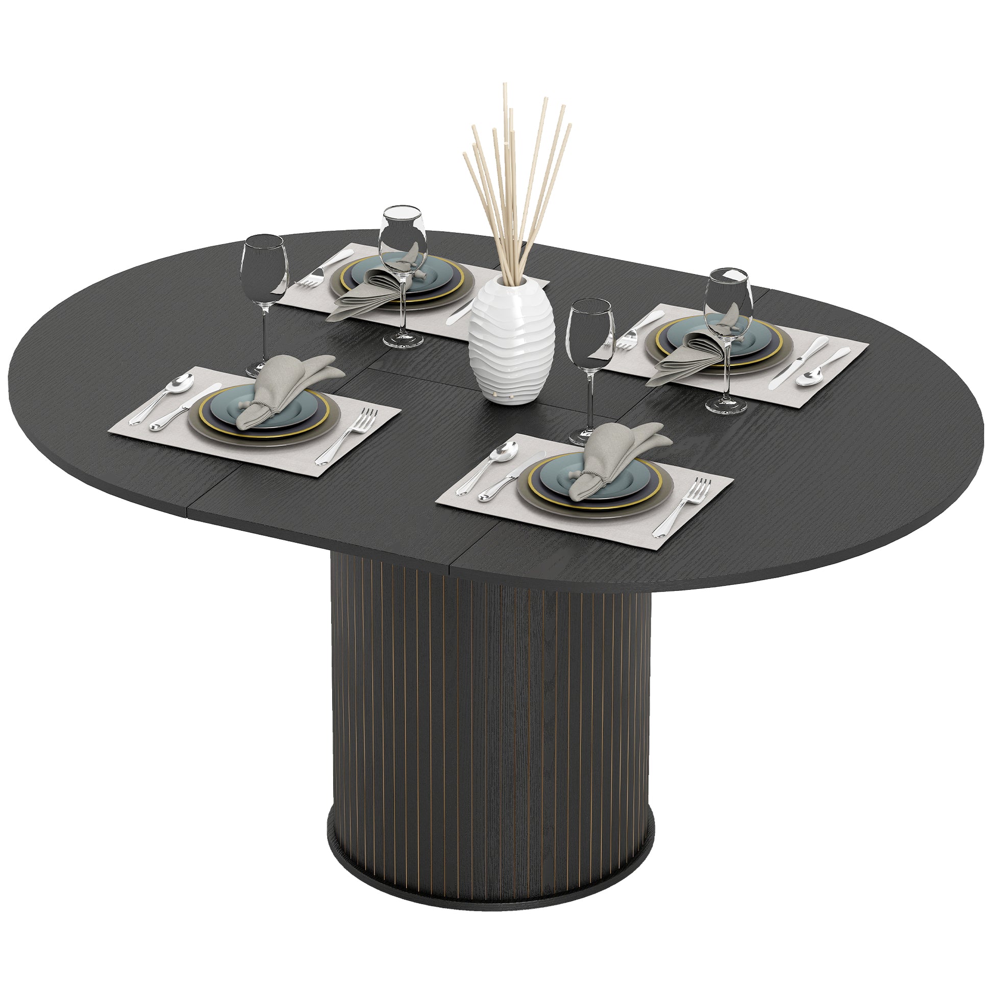Extendable Kitchen Table for 6-8, 43.5"-59" Farmhouse Dining Table with Pedestal Base Black Wood Grain