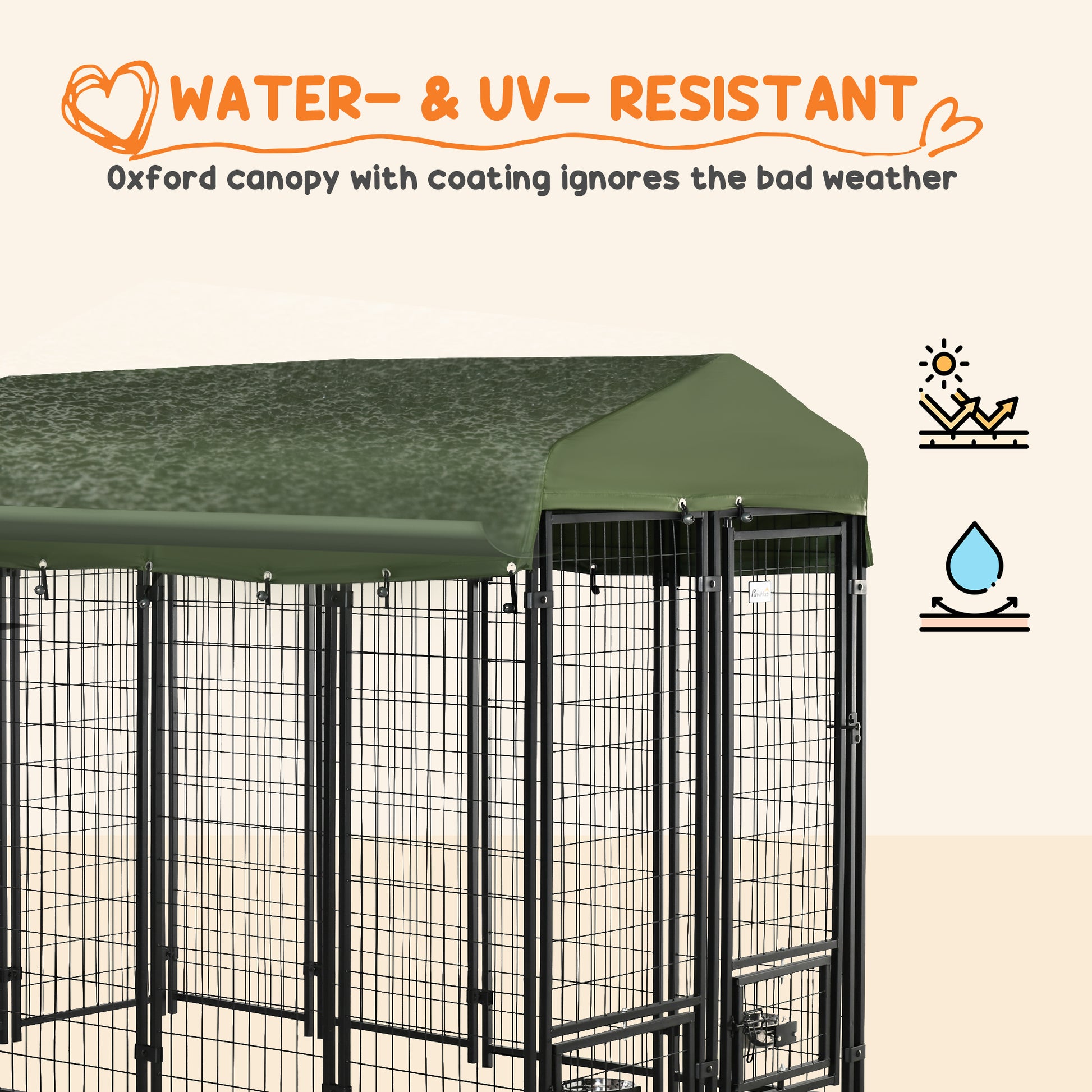 Outdoor Dog Kennel, Lockable Pet Playpen Crate, Welded Wire Steel Fence, Rotating Bowl Holders, Green