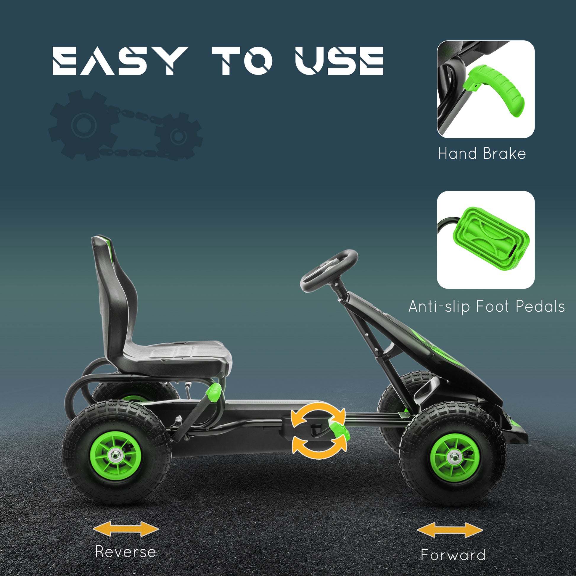 Aosom Pedal Go Kart w/ Adjustable Seat, Rubber Wheels Shock Absorb, Green