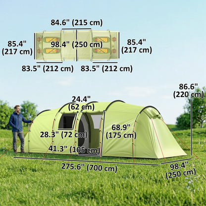 6 Person Camping Tent with Porch, Large Family Tent with 2 Bedroom and Living Room, Light Green