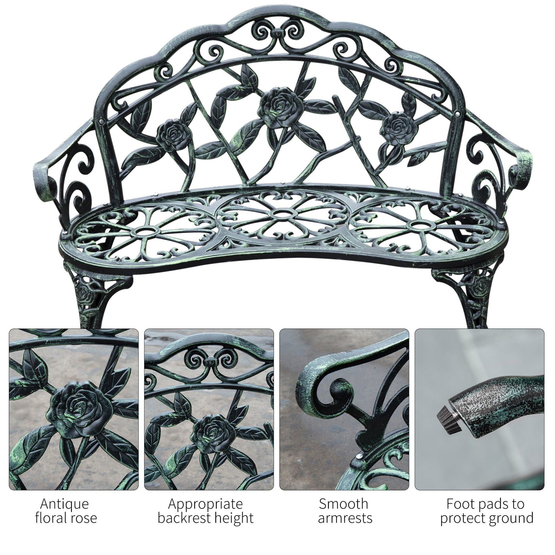 40" Outdoor Garden Bench, Cast Aluminum Antique Rose Style Patio Garden Park Loveseat Bench for Backyard, Porch, Balcony, Lawn, Green