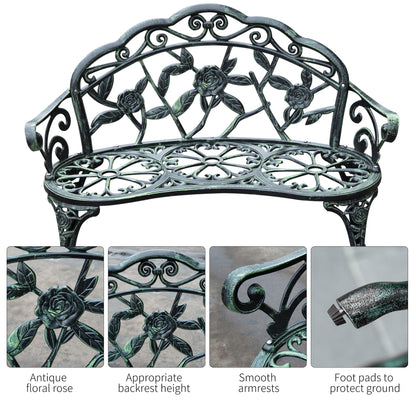 40" Outdoor Garden Bench, Cast Aluminum Antique Rose Style Patio Garden Park Loveseat Bench for Backyard, Porch, Balcony, Lawn, Green