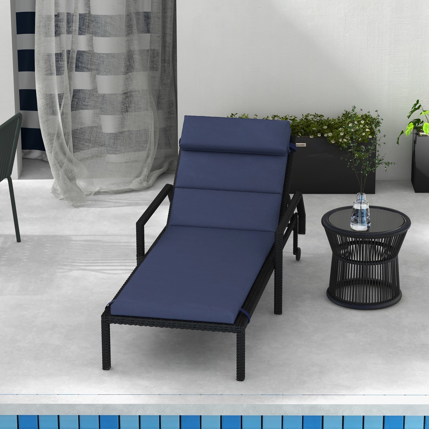 Patio Chaise Lounge Chair Cushion Replacement Sun Lounger Pads with Headrest and Ties, Dark Blue