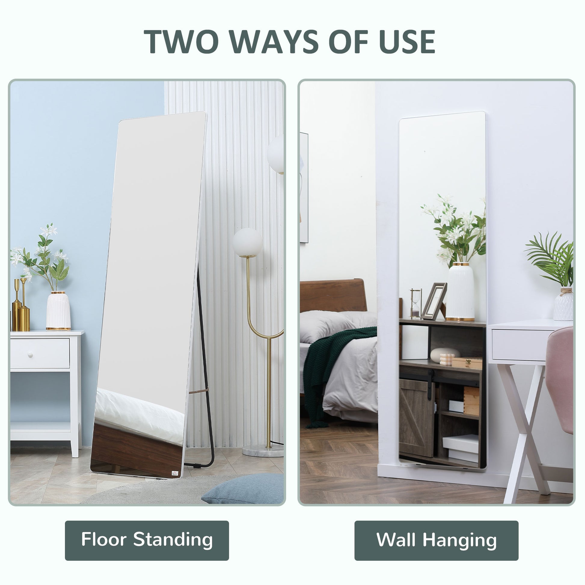 63"x18" Full Length Mirror, Floor Standing, Wall-Mounted or Leaning Against Wall Tall Mirror w/Support Frame, Rectangular Full Body Mirror for Bedroom, Living Room, Silver