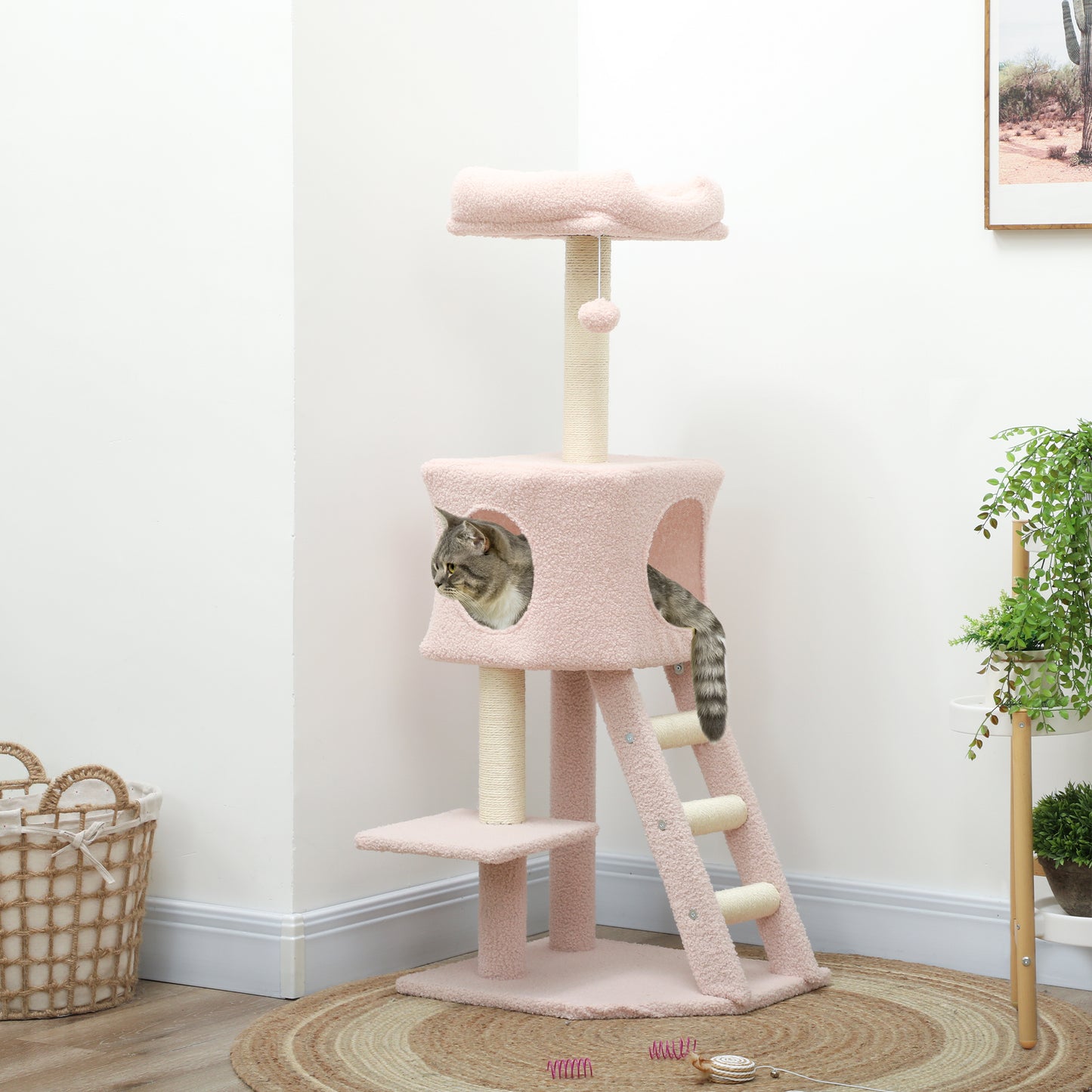 47" Tall Cat Tree Tower with Condo, Ladder, Scratching Posts and Hanging Ball, Pink