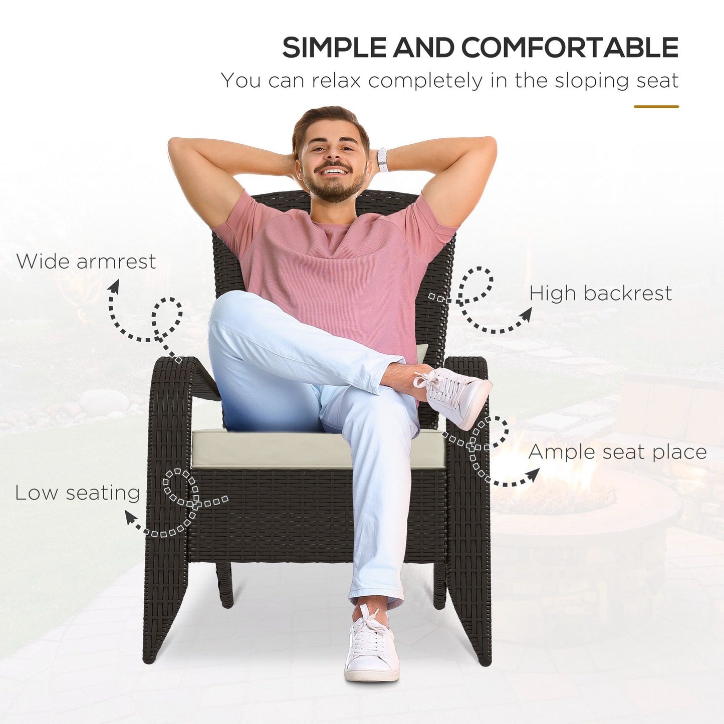 Patio Wicker Adirondack Chair, Outdoor Rattan Muskoka Chair with Cushions for Patio, Garden, Backyard Khaki