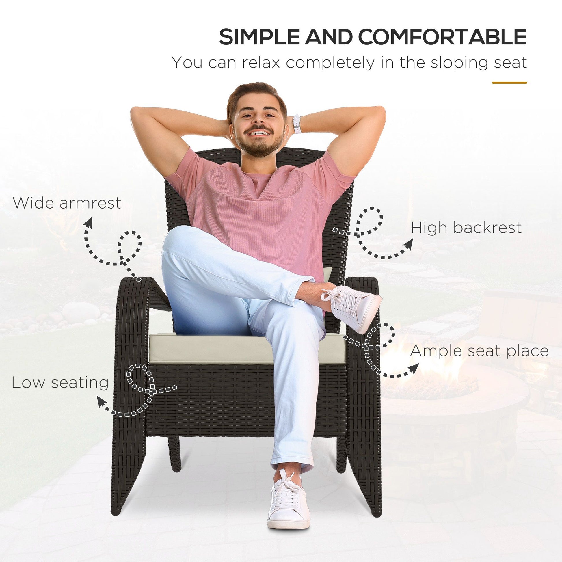 Patio Wicker Adirondack Chair, Outdoor Rattan Muskoka Chair with Cushions for Patio, Garden, Backyard Khaki