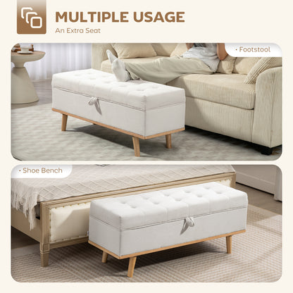 Storage Ottoman Bench, Foot Rest with Lift-Up Lid and Wood Legs, Linen Storage Chest for Living Room, Cream White