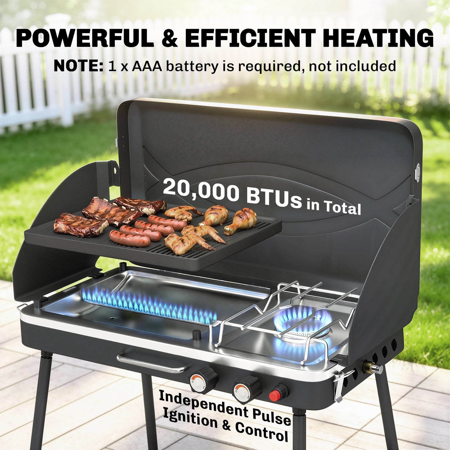2-in-1 Camping Stove & Gas Griddle Combo, 20,000 BTU Portable Propane Grill with Detachable Legs, Wind Guards, Black