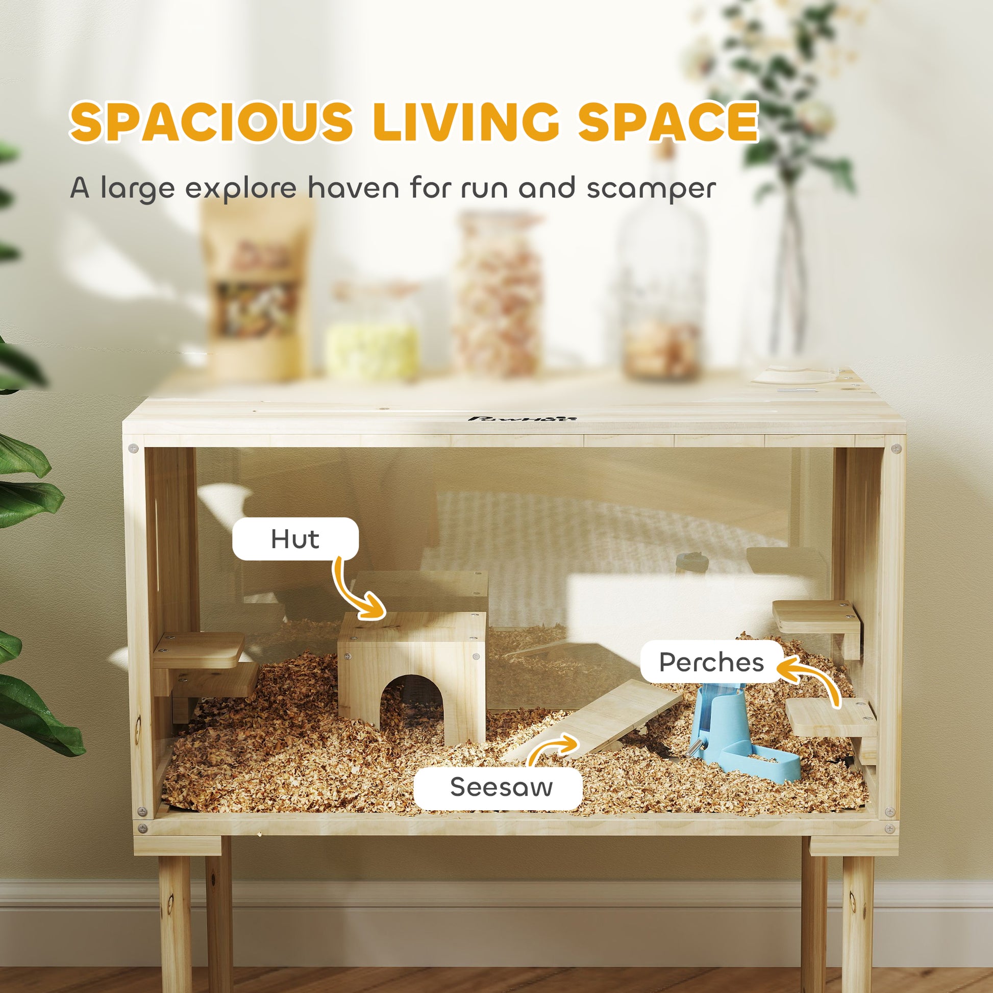 28"L Wooden Hamster Cage with Seesaw, Water Bottle, Food Dish, Hut, Transparent Panel for Easy Observe, Nature Wood
