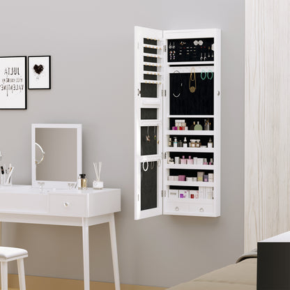 Mirror Jewelry Cabinet Armoire with LED Lights and 2 Keys, Wall Door Mounted Jewelry Organizer, Lockable Full-length Mirror, Wood Grain Grey