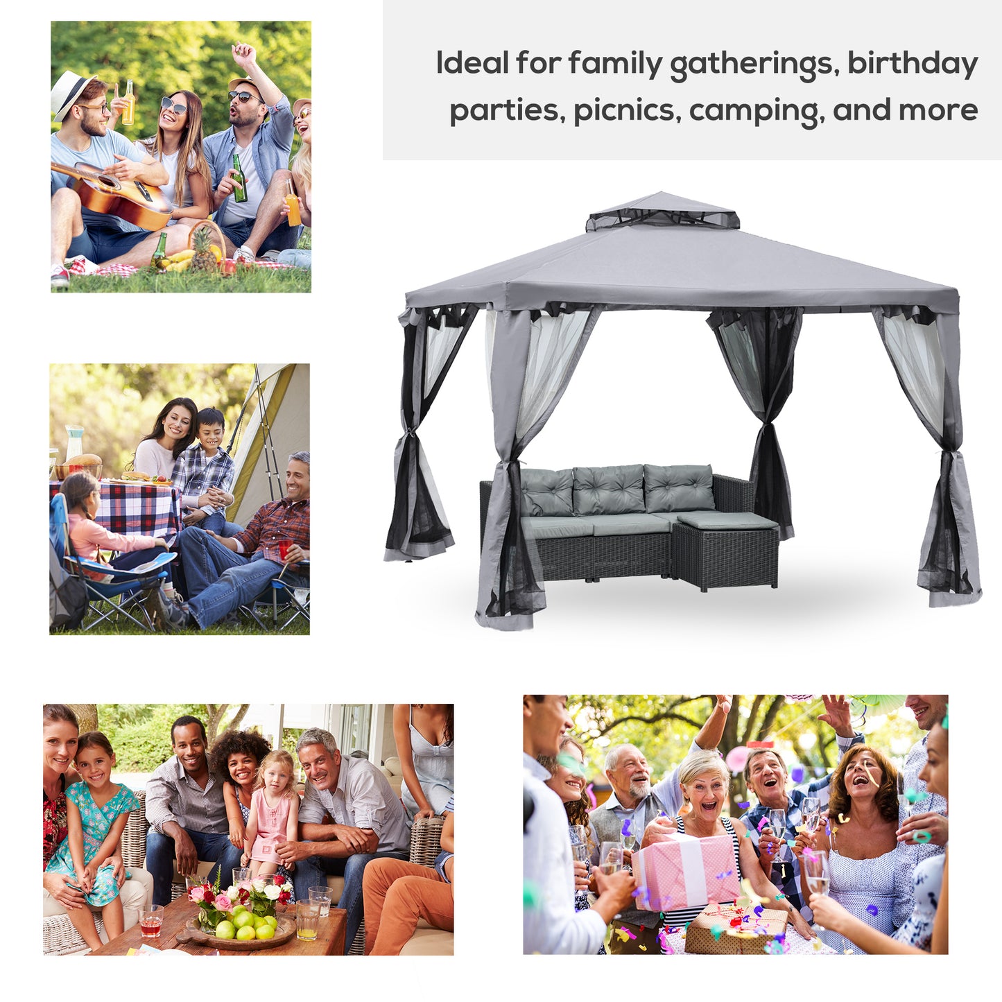 10' x 10' Patio Gazebo Pavilion, 2-Tier Roof Canopy Outdoor Event Tent with Steel Frame and Mosquito Netting for Garden, Yard and Sun Shade Use, Grey